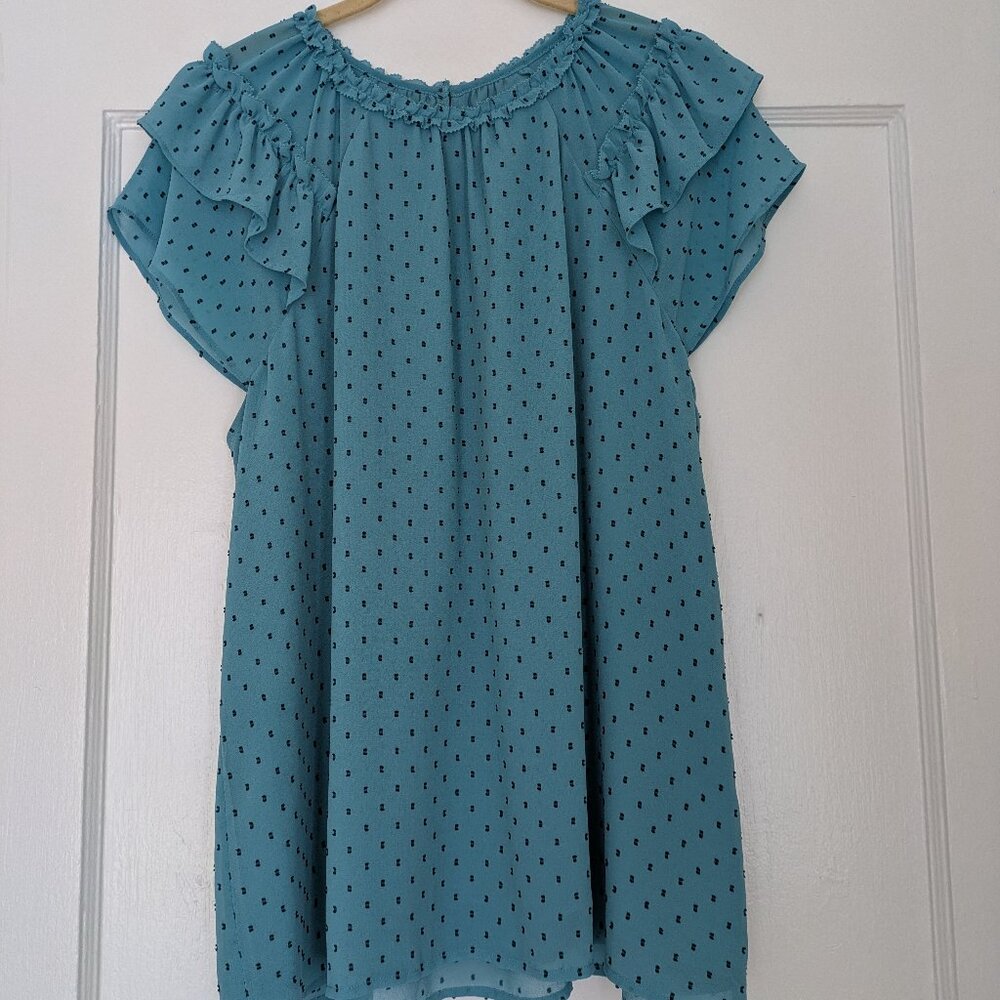 Never Worn Ann Taylor Loft Clip Double Ruffle Top Turquoise/Black Women's Large